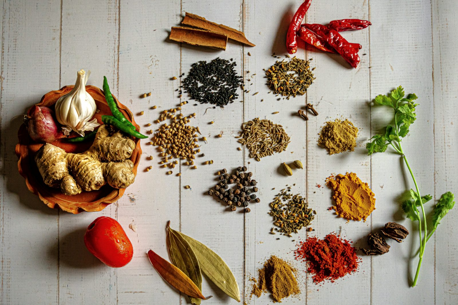 Assorted seeds and spices flat lay